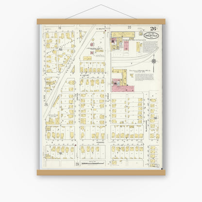 Old map wall art mockup — magnetic wood frame on white wall — Sanborn Fire Insurance Map from Shelbyville, Shelby County, Indiana (1916), Sheet #0026