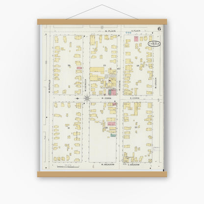 Old map wall art mockup — magnetic wood frame on white wall — Sanborn Fire Insurance Map from Ithaca, Tompkins County, New York (1893), Sheet #0006