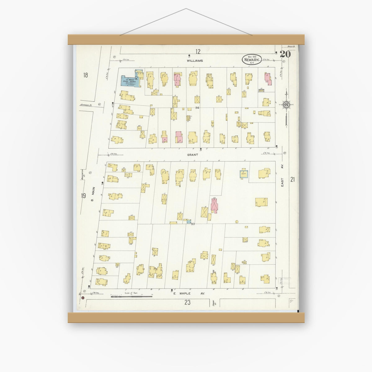 Old map wall art mockup — magnetic wood frame on white wall — Sanborn Fire Insurance Map from Newark, Wayne County, New York (1912), Sheet #0020