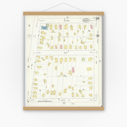 Old map wall art mockup — magnetic wood frame on white wall — Sanborn Fire Insurance Map from Newark, Wayne County, New York (1912), Sheet #0020