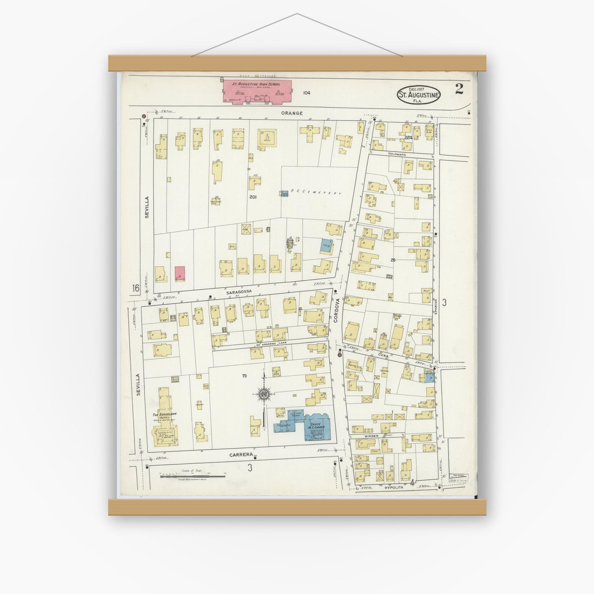 Old map wall art mockup — magnetic wood frame on white wall — Sanborn Fire Insurance Map from Saint Augustine, Saint John's County, Florida (1917), Sheet #0002