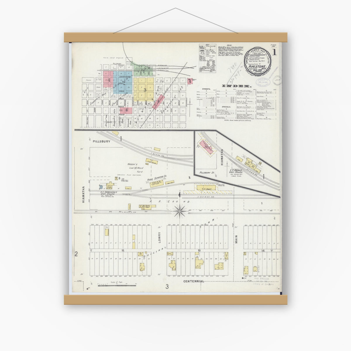 Old map wall art mockup — magnetic wood frame on white wall — Sanborn Fire Insurance Map from Pipestone, Pipestone County, Minnesota (1898), Sheet #0001