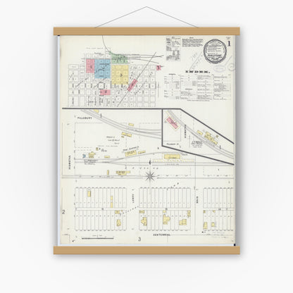 Old map wall art mockup — magnetic wood frame on white wall — Sanborn Fire Insurance Map from Pipestone, Pipestone County, Minnesota (1898), Sheet #0001