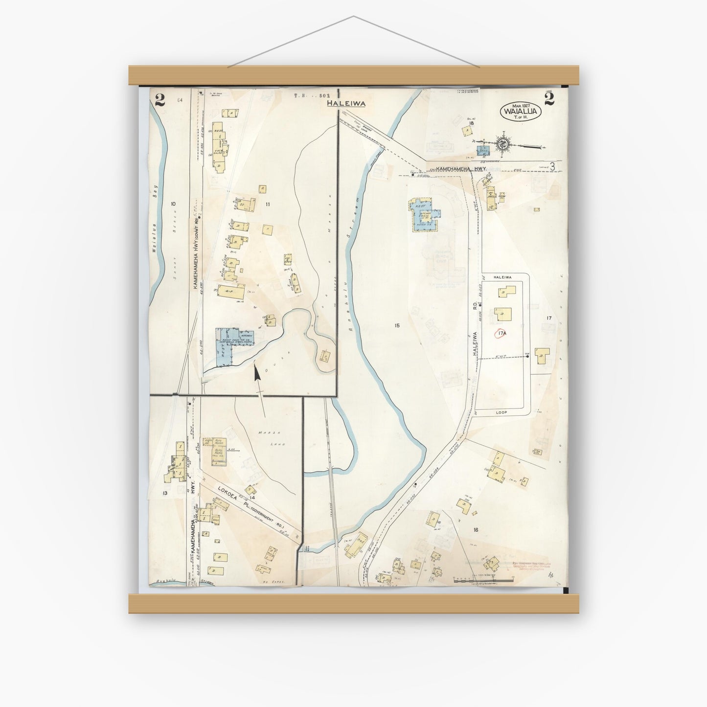 Old map wall art mockup — magnetic wood frame on white wall — Sanborn Fire Insurance Map from Waialua, Honolulu County, Hawaii (1957), Sheet #0002