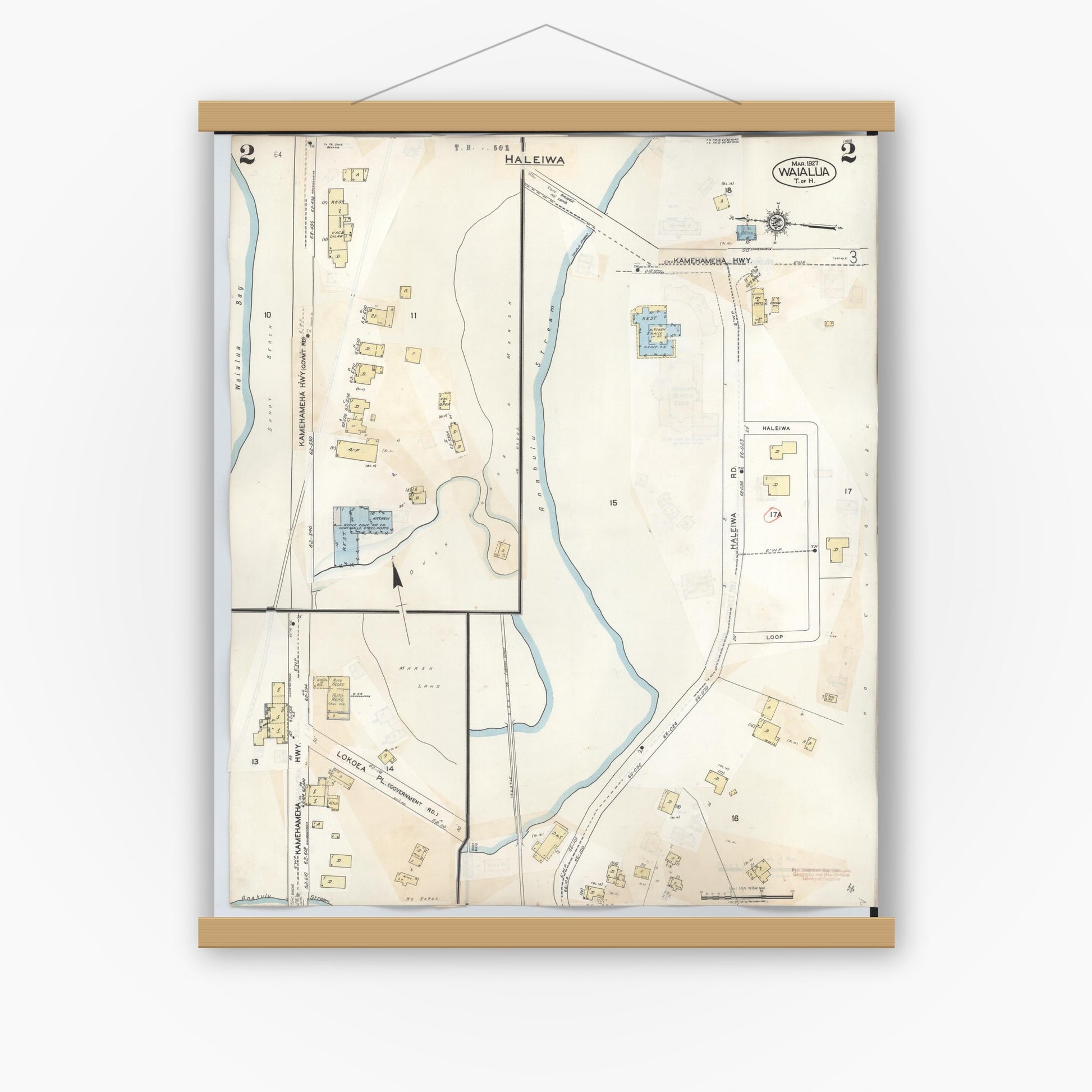 Old map wall art mockup — magnetic wood frame on white wall — Sanborn Fire Insurance Map from Waialua, Honolulu County, Hawaii (1957), Sheet #0002