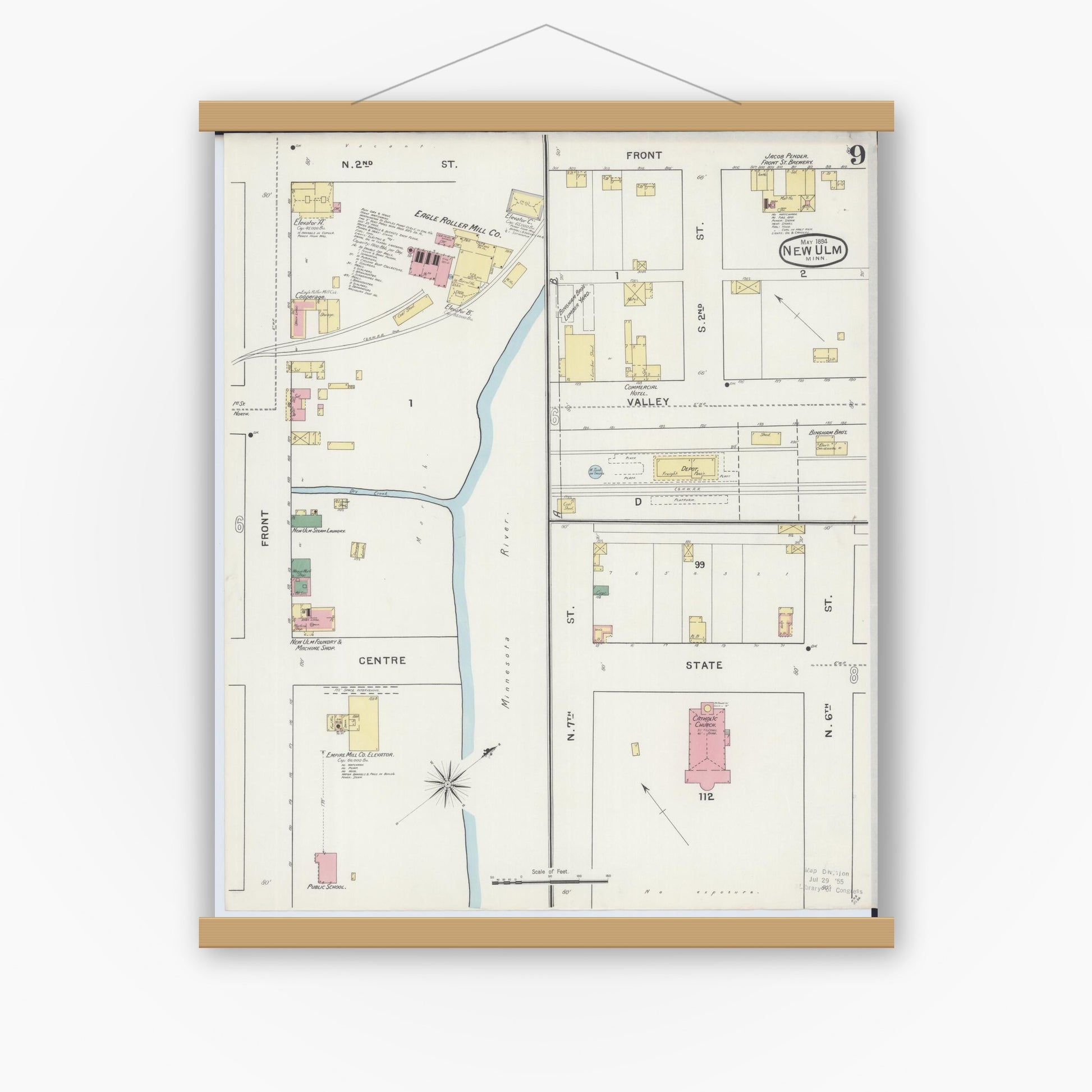 Old map wall art mockup — magnetic wood frame on white wall — Sanborn Fire Insurance Map from New Ulm, Brown County, Minnesota (1894), Sheet #0009