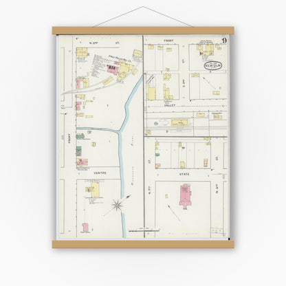 Old map wall art mockup — magnetic wood frame on white wall — Sanborn Fire Insurance Map from New Ulm, Brown County, Minnesota (1894), Sheet #0009