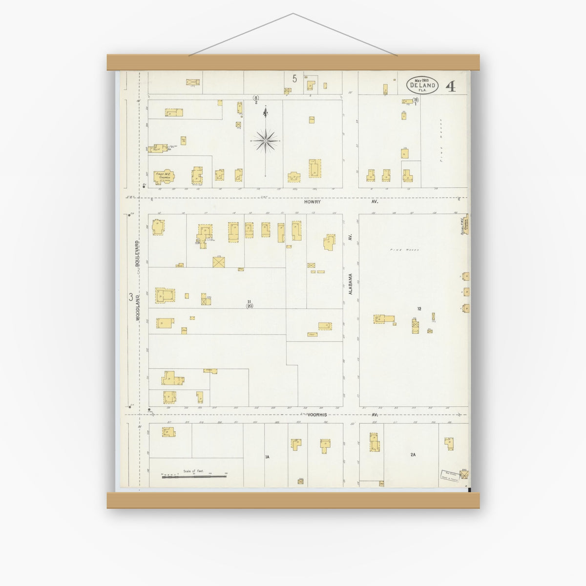 Old map wall art mockup — magnetic wood frame on white wall — Sanborn Fire Insurance Map from De Land, Volusia County, Florida (1903), Sheet #0004
