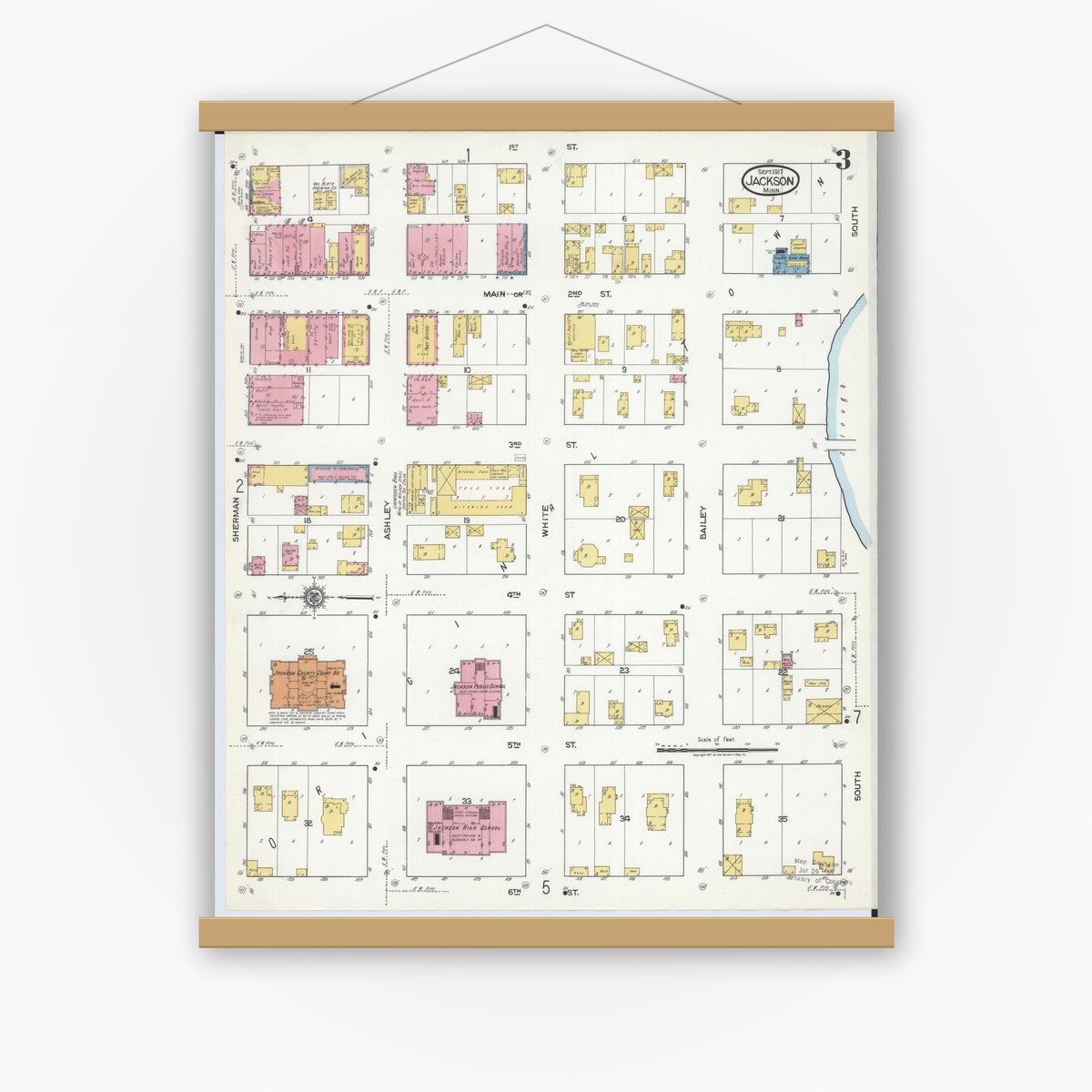 Old map wall art mockup — magnetic wood frame on white wall — Sanborn Fire Insurance Map from Jackson, Jackson County, Minnesota (1917), Sheet #0003