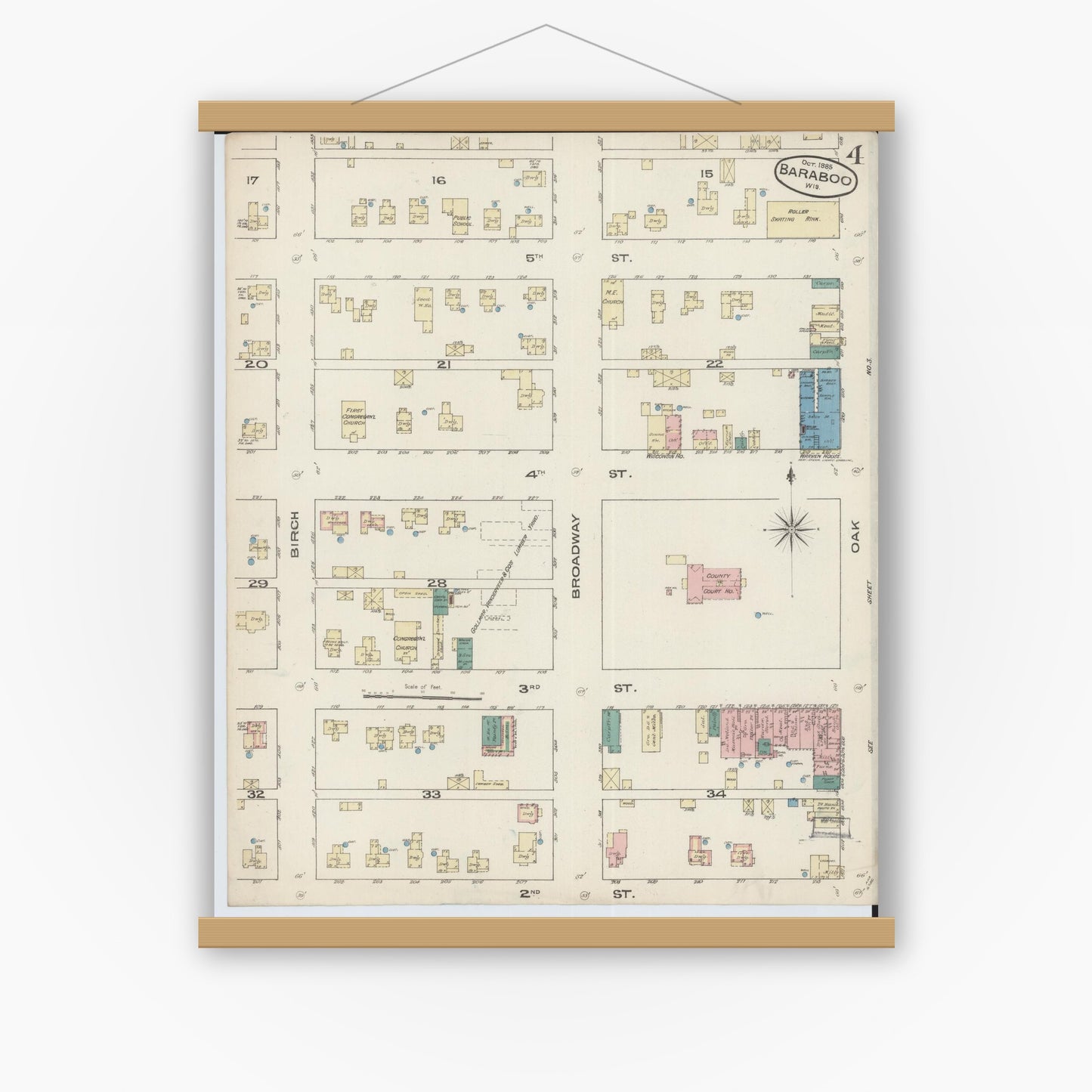 Old map wall art mockup — magnetic wood frame on white wall — Sanborn Fire Insurance Map from Baraboo, Sauk County, Wisconsin (1885), Sheet #0004