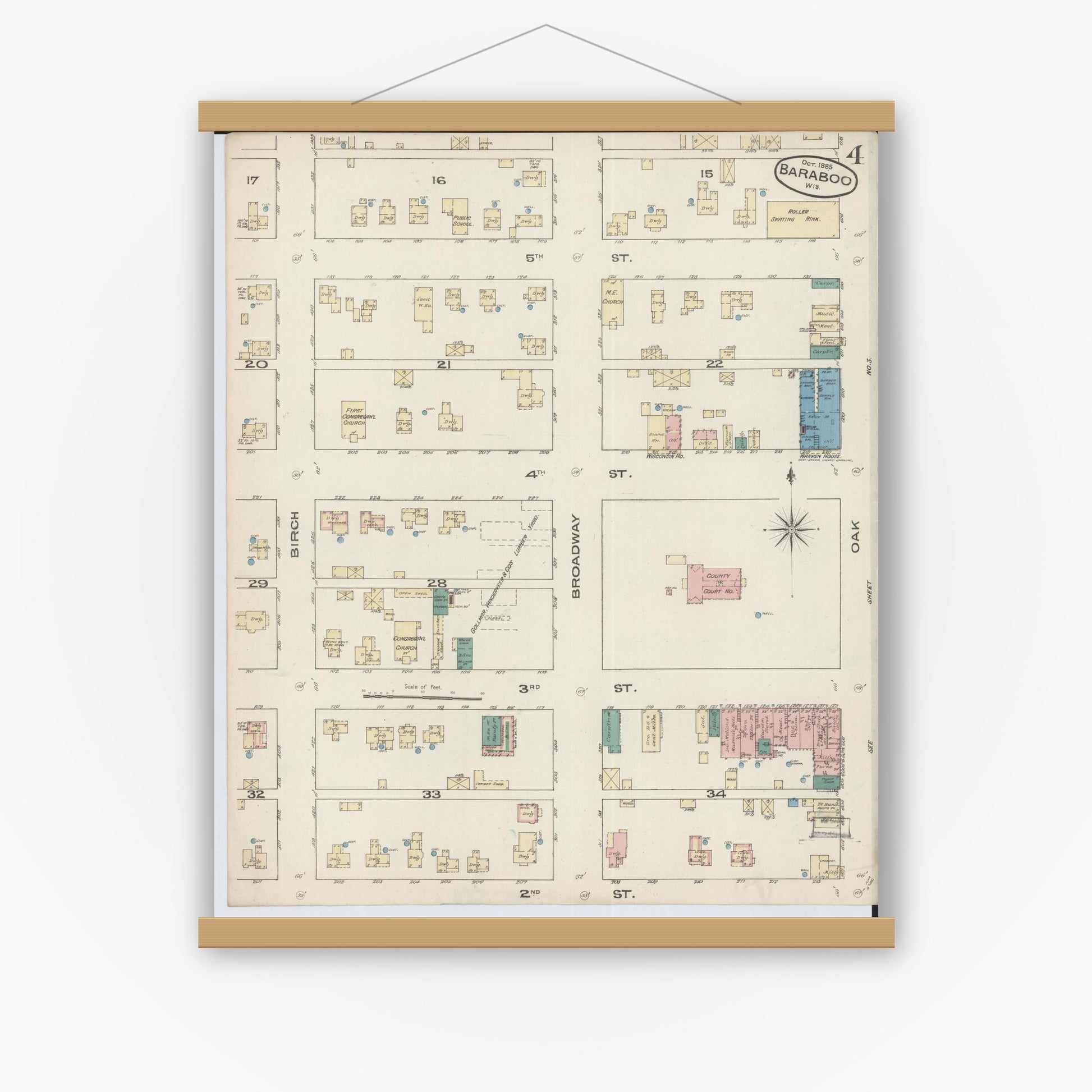 Old map wall art mockup — magnetic wood frame on white wall — Sanborn Fire Insurance Map from Baraboo, Sauk County, Wisconsin (1885), Sheet #0004