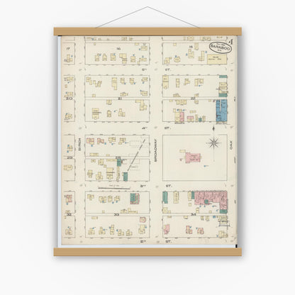 Old map wall art mockup — magnetic wood frame on white wall — Sanborn Fire Insurance Map from Baraboo, Sauk County, Wisconsin (1885), Sheet #0004