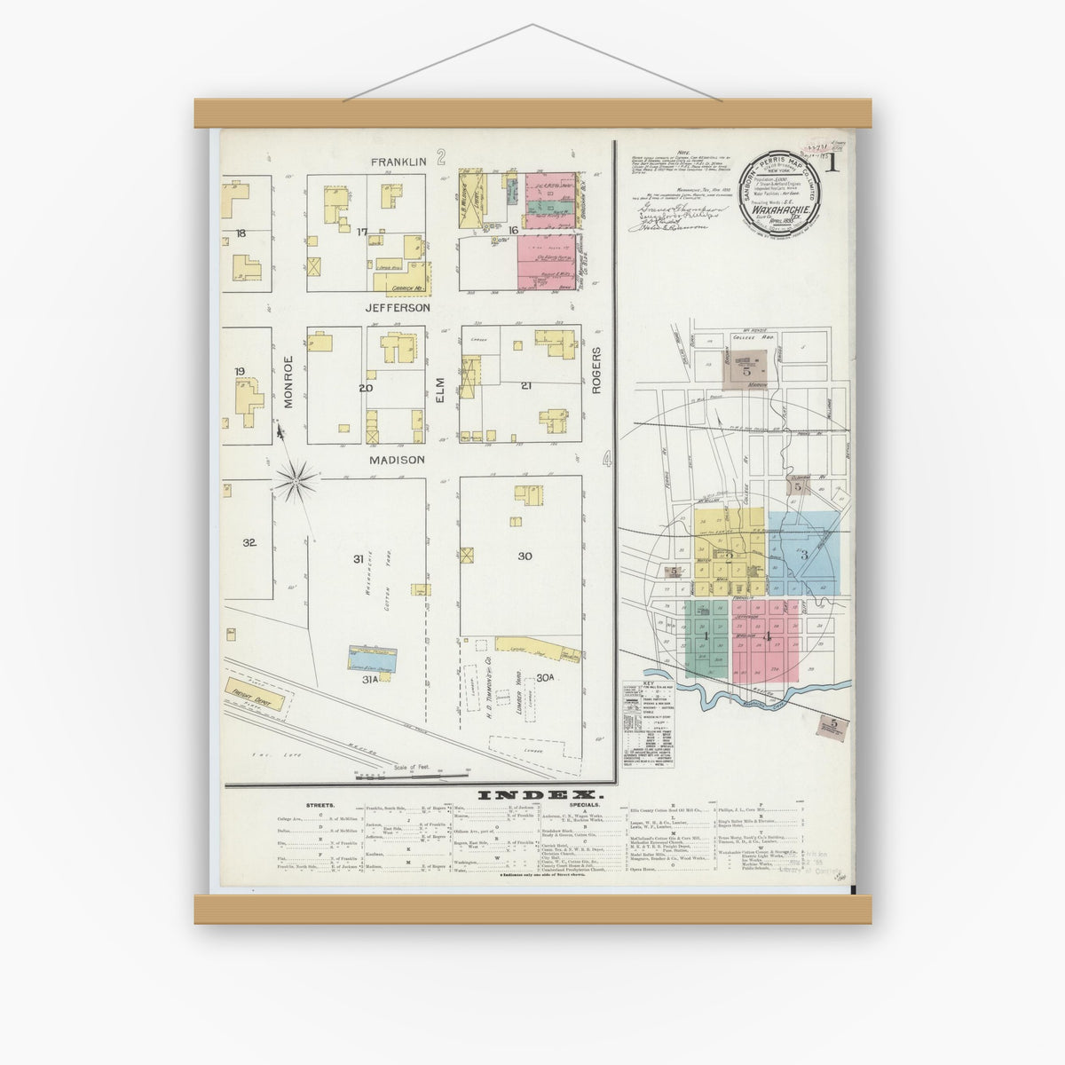 Old map wall art mockup — magnetic wood frame on white wall — Sanborn Fire Insurance Map from Waxahachie, Ellis County, Texas (1893), Sheet #0001