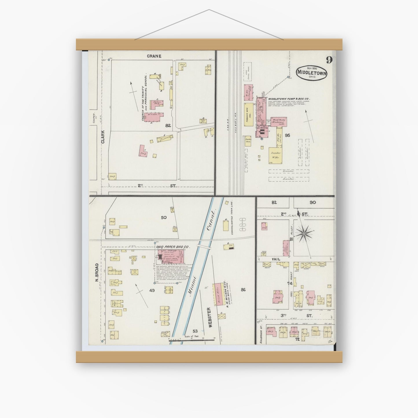 Old map wall art mockup — magnetic wood frame on white wall — Sanborn Fire Insurance Map from Middletown, Butler County, Ohio (1890), Sheet #0009