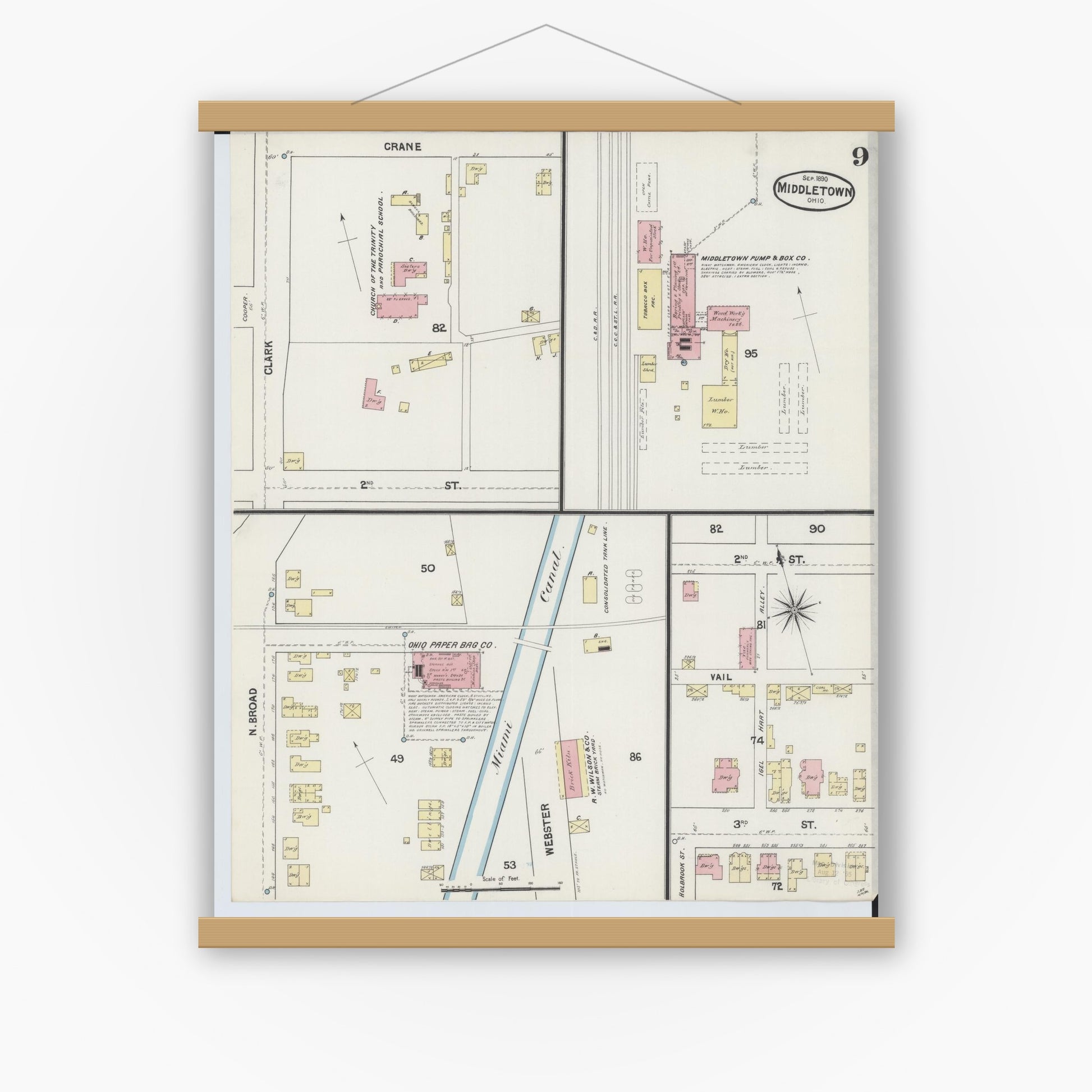 Old map wall art mockup — magnetic wood frame on white wall — Sanborn Fire Insurance Map from Middletown, Butler County, Ohio (1890), Sheet #0009