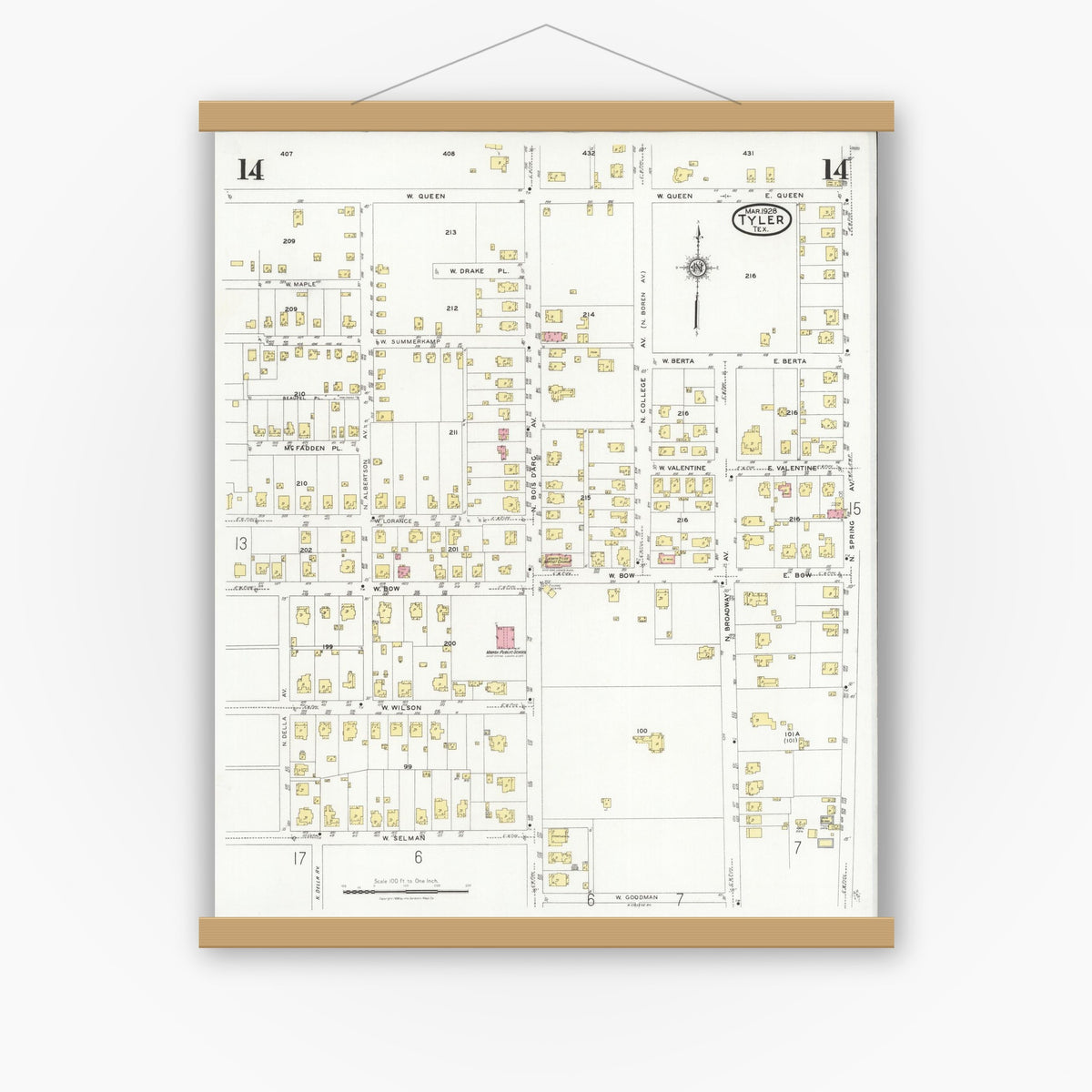 Old map wall art mockup — magnetic wood frame on white wall — Sanborn Fire Insurance Map from Tyler, Smith County, Texas (1928), Sheet #0014