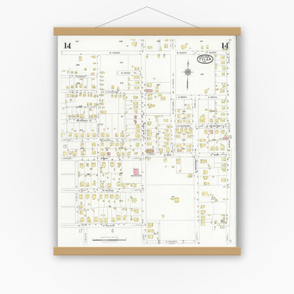 Old map wall art mockup — magnetic wood frame on white wall — Sanborn Fire Insurance Map from Tyler, Smith County, Texas (1928), Sheet #0014