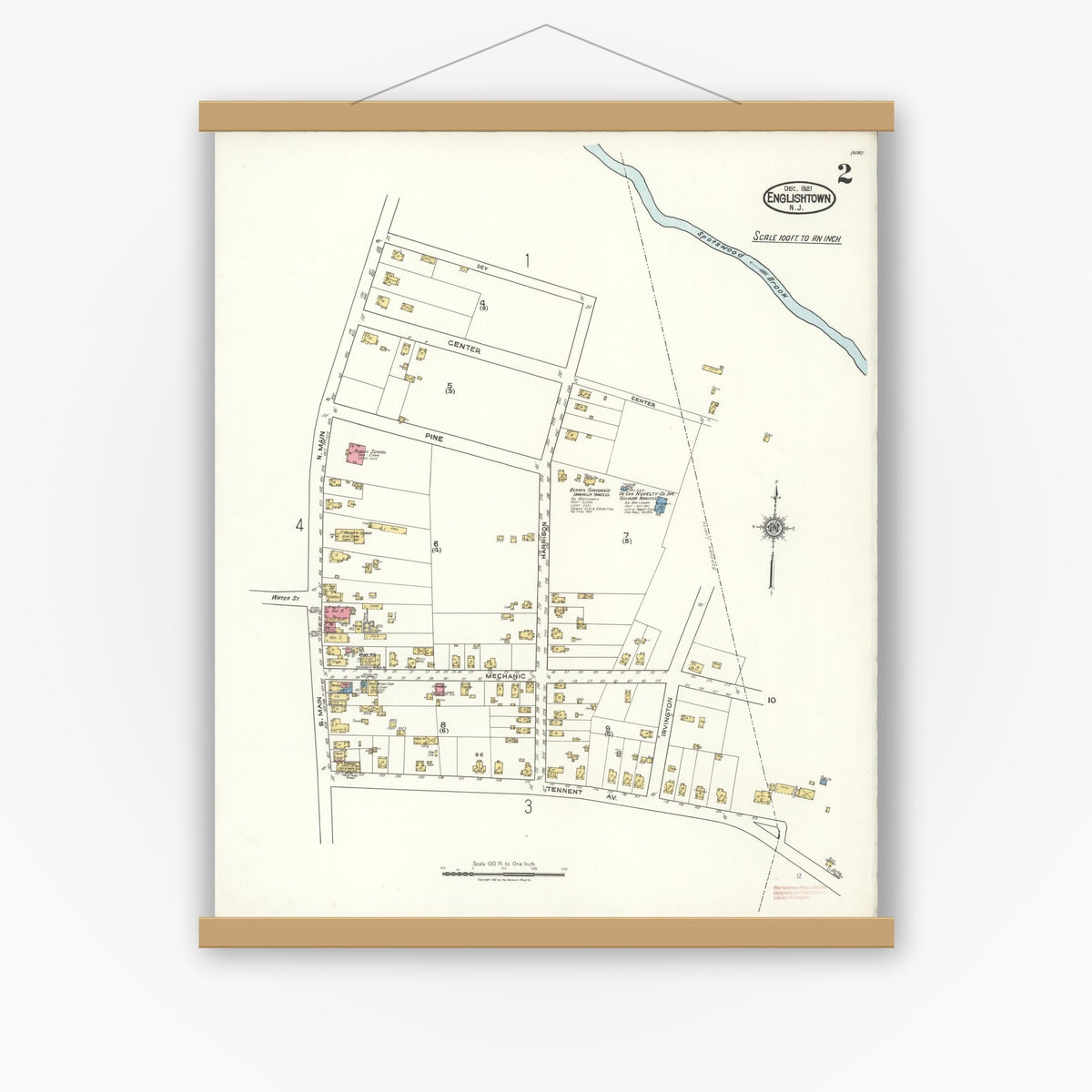 Old map wall art mockup — magnetic wood frame on white wall — Sanborn Fire Insurance Map from Englishtown, Monmouth County, New Jersey (1921), Sheet #0002