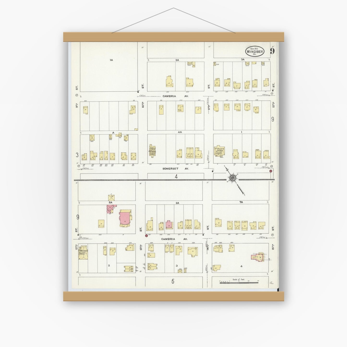 Old map wall art mockup — magnetic wood frame on white wall — Sanborn Fire Insurance Map from Windber, Somerset County, Pennsylvania (1910), Sheet #0009