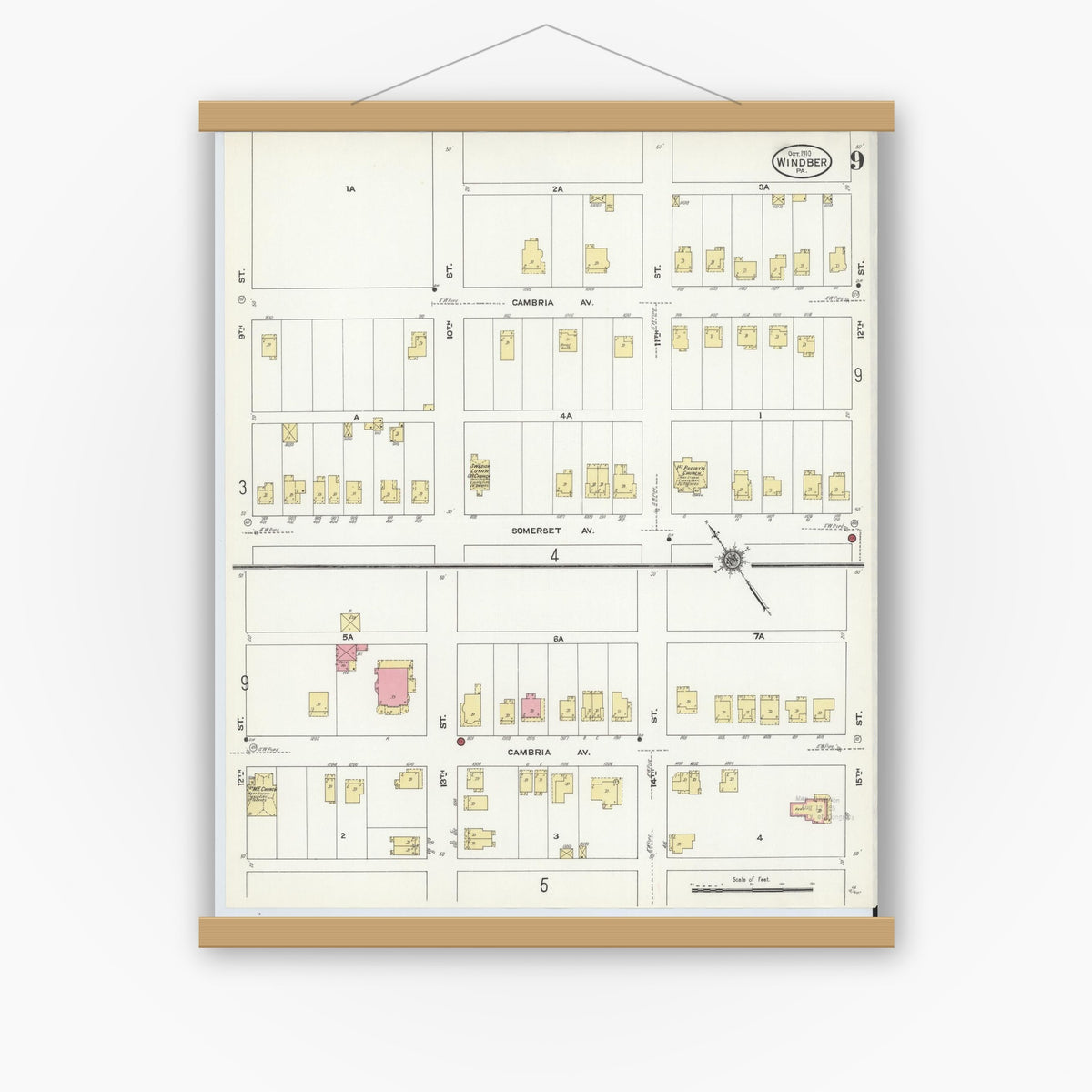 Old map wall art mockup — magnetic wood frame on white wall — Sanborn Fire Insurance Map from Windber, Somerset County, Pennsylvania (1910), Sheet #0009