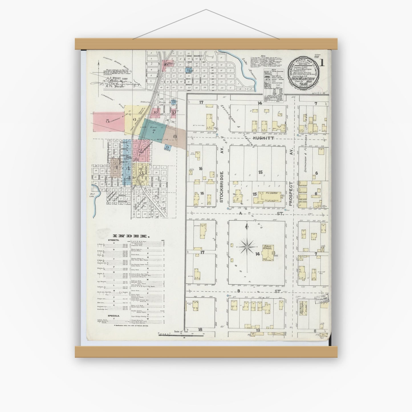 Old map wall art mockup — magnetic wood frame on white wall — Sanborn Fire Insurance Map from Iron Mountain, Dickinson County, Michigan (1891) - Complete Map Set