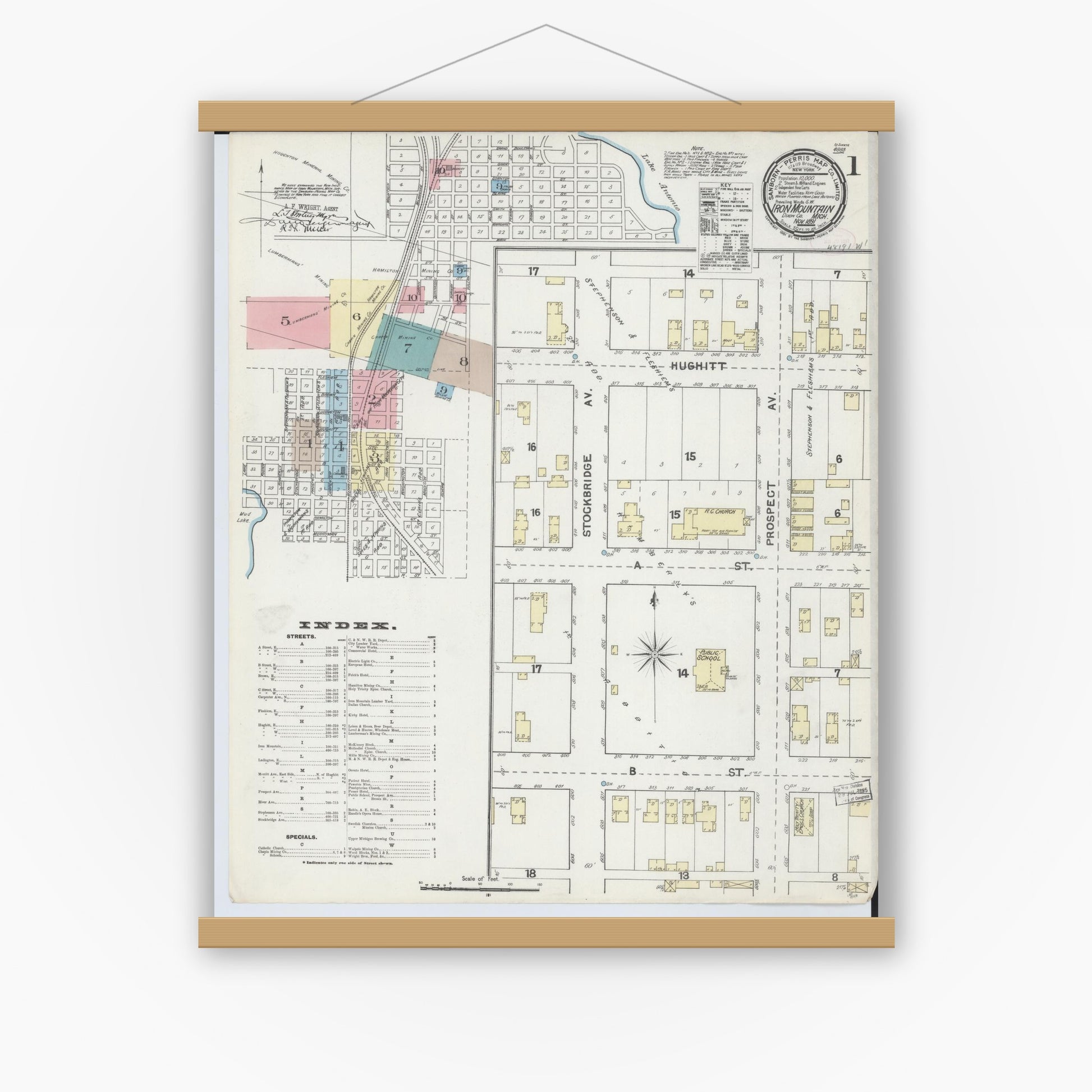 Old map wall art mockup — magnetic wood frame on white wall — Sanborn Fire Insurance Map from Iron Mountain, Dickinson County, Michigan (1891) - Complete Map Set