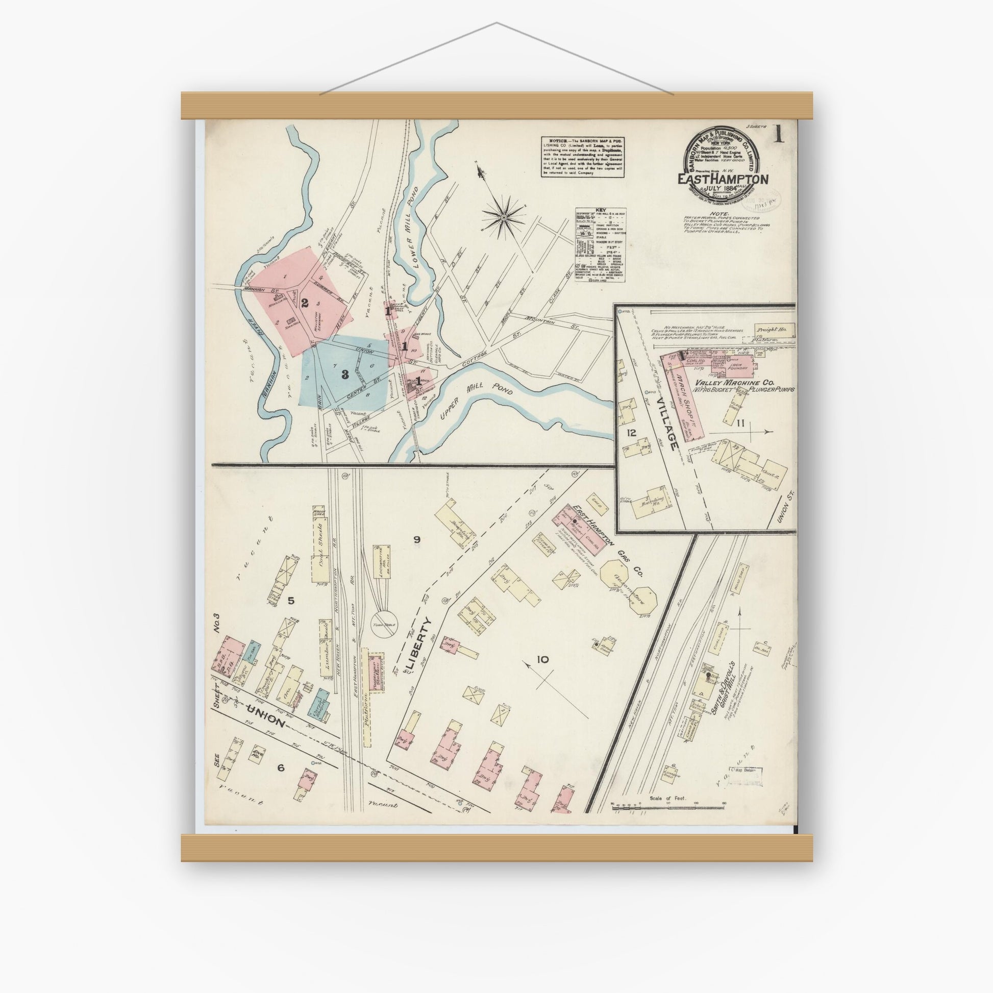 Old map wall art mockup — magnetic wood frame on white wall — Sanborn Fire Insurance Map from East Hampton, Hampshire County, Massachusetts (1884), Sheet #0001