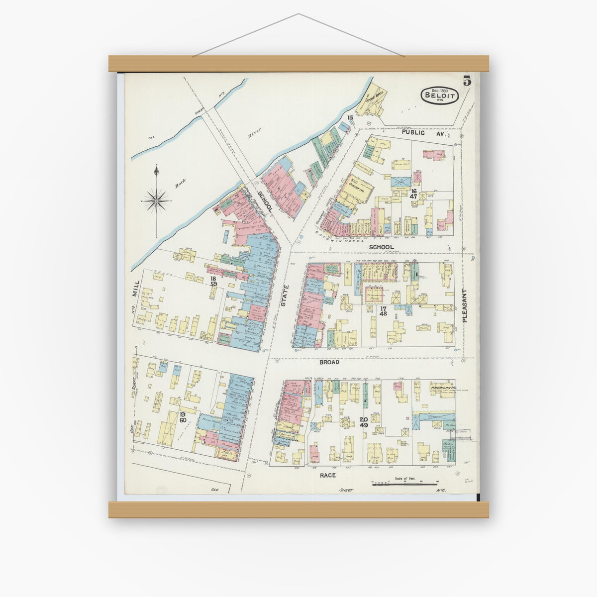 Old map wall art mockup — magnetic wood frame on white wall — Sanborn Fire Insurance Map from Beloit, Rock County, Wisconsin (1890), Sheet #0005