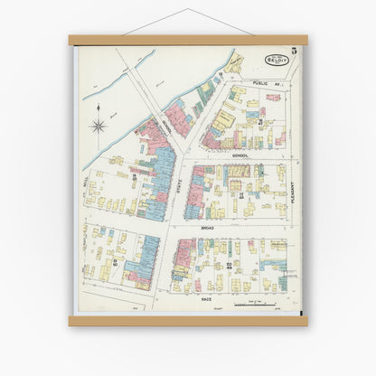 Old map wall art mockup — magnetic wood frame on white wall — Sanborn Fire Insurance Map from Beloit, Rock County, Wisconsin (1890), Sheet #0005