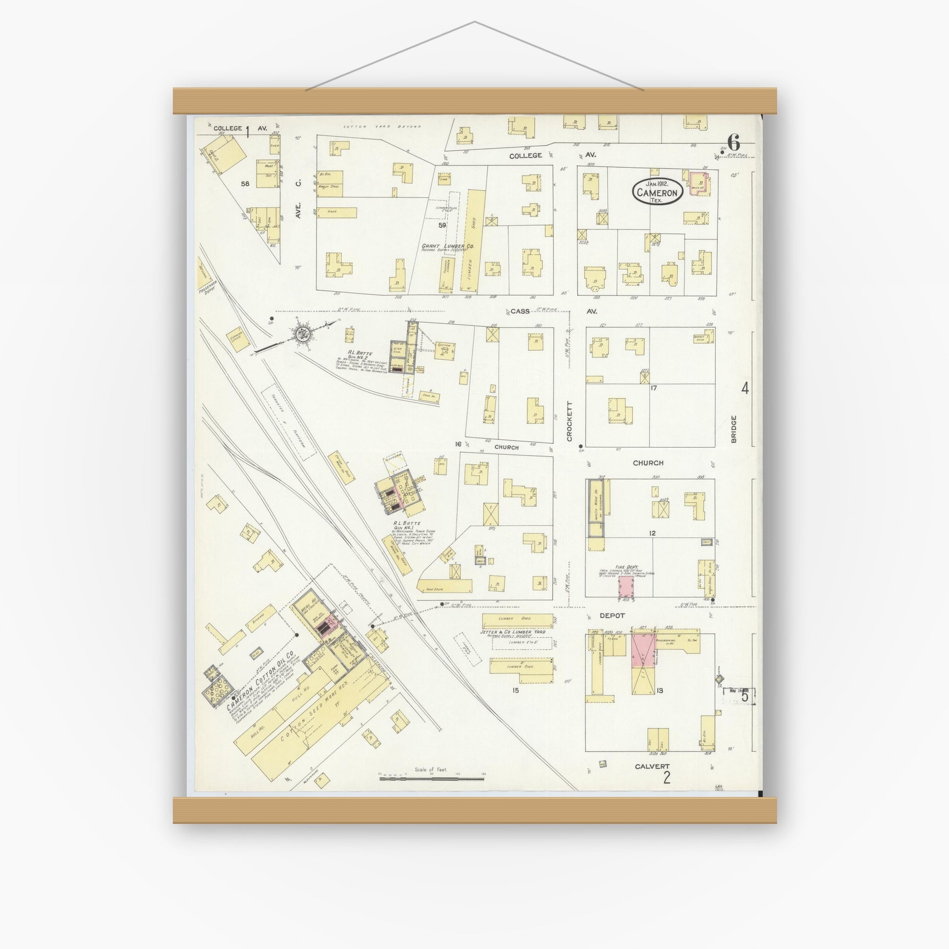 Old map wall art mockup — magnetic wood frame on white wall — Sanborn Fire Insurance Map from Cameron, Milam County, Texas (1912), Sheet #0006