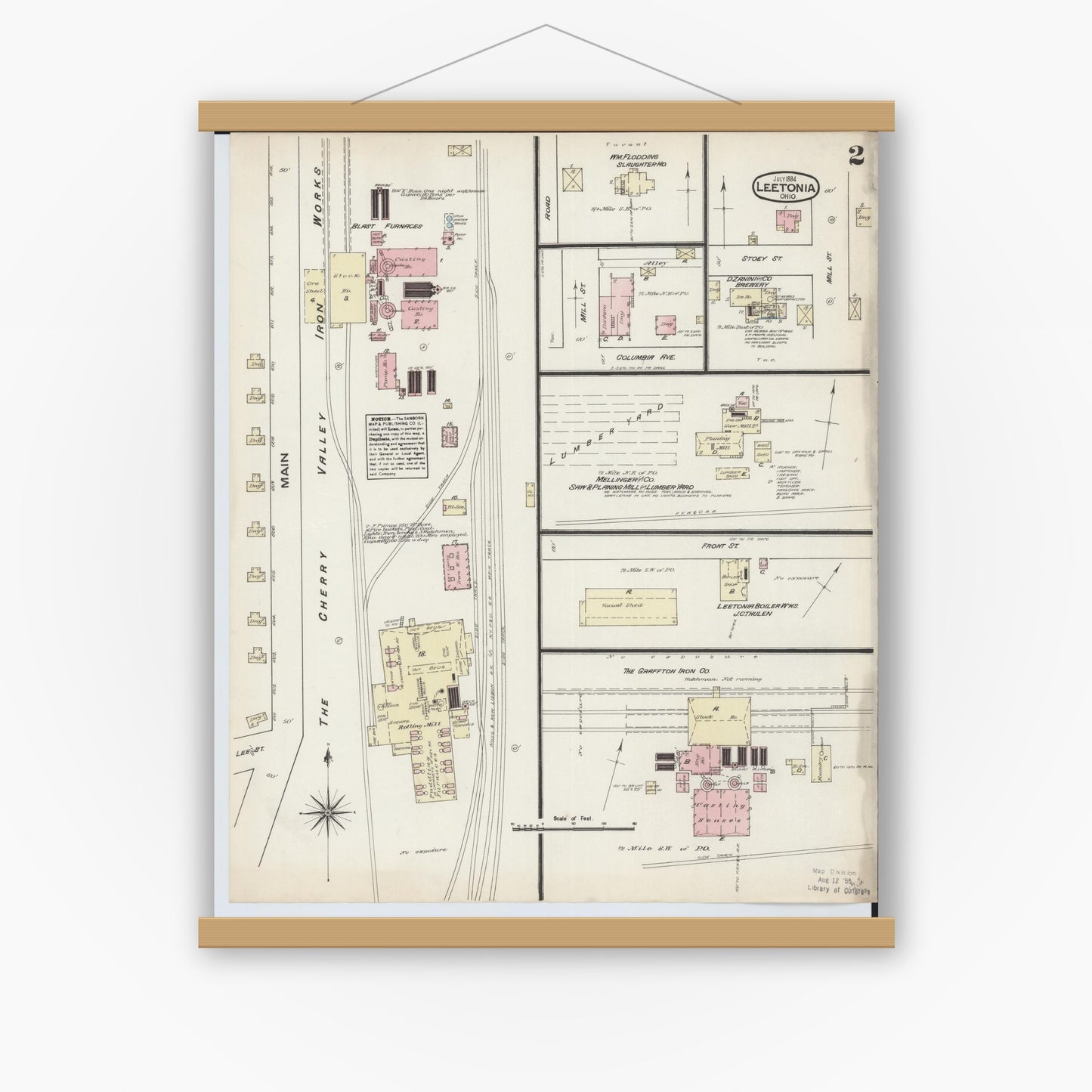 Old map wall art mockup — magnetic wood frame on white wall — Sanborn Fire Insurance Map from Leetonia, Columbiana County, Ohio (1884), Sheet #0002
