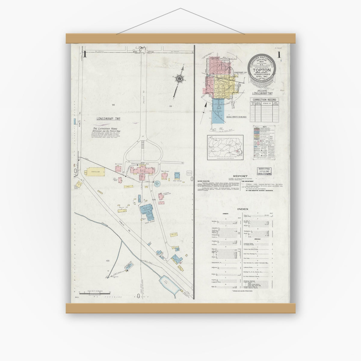 Old map wall art mockup — magnetic wood frame on white wall — Sanborn Fire Insurance Map from Topton, Berks County, Pennsylvania (1947), Sheet #0001
