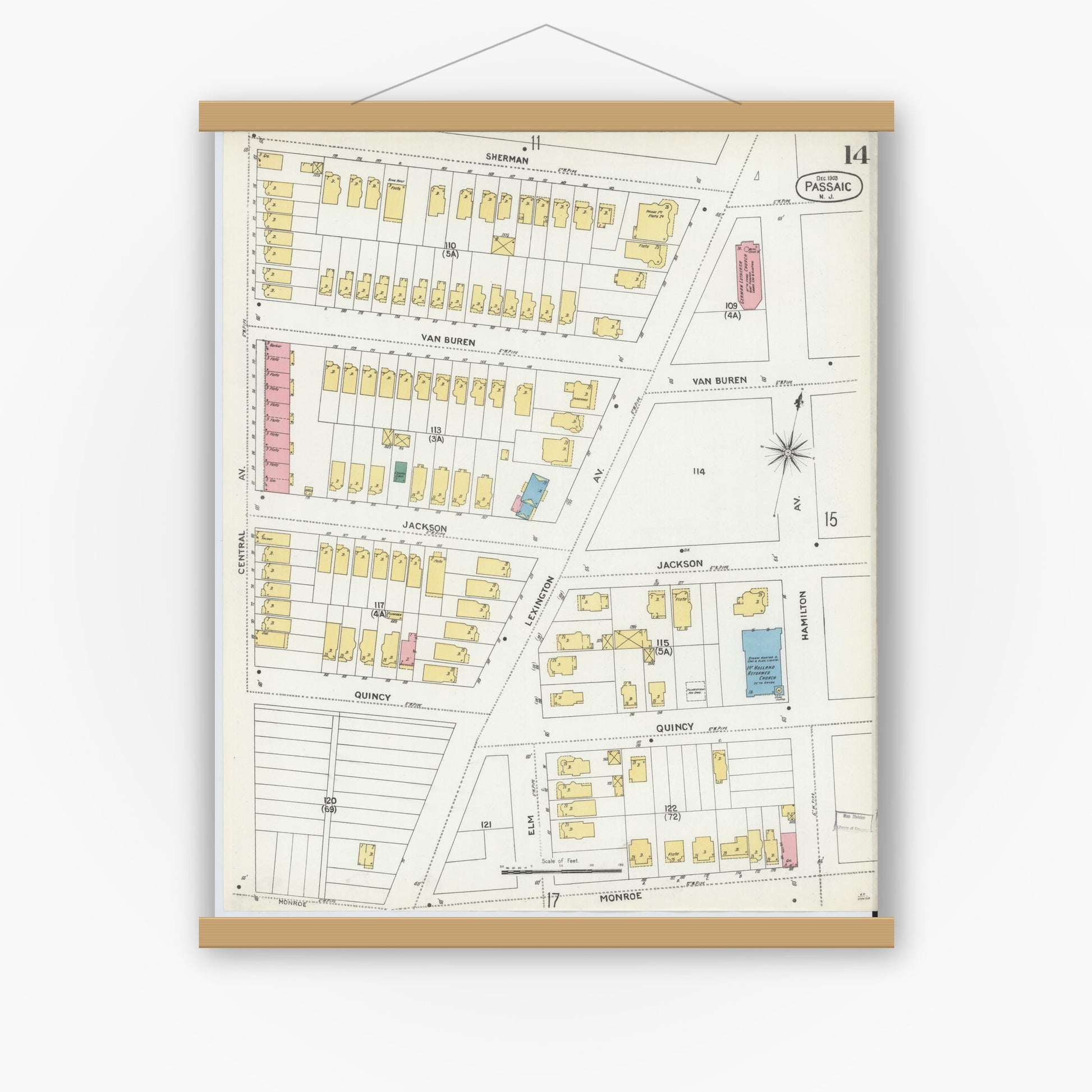 Old map wall art mockup — magnetic wood frame on white wall — Sanborn Fire Insurance Map from Passaic, Passaic County, New Jersey (1903), Sheet #0014