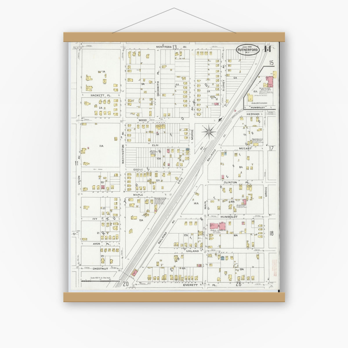 Old map wall art mockup — magnetic wood frame on white wall — Sanborn Fire Insurance Map from Rutherford, Bergen County, New Jersey (1909), Sheet #0014