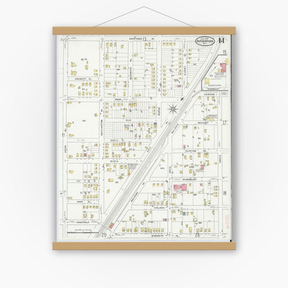 Old map wall art mockup — magnetic wood frame on white wall — Sanborn Fire Insurance Map from Rutherford, Bergen County, New Jersey (1909), Sheet #0014