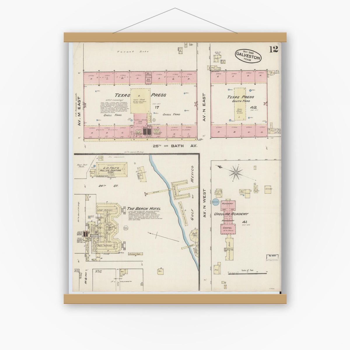 Old map wall art mockup — magnetic wood frame on white wall — Sanborn Fire Insurance Map from Galveston, Galveston County, Texas (1885), Sheet #0012