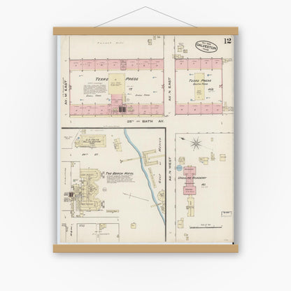 Old map wall art mockup — magnetic wood frame on white wall — Sanborn Fire Insurance Map from Galveston, Galveston County, Texas (1885), Sheet #0012