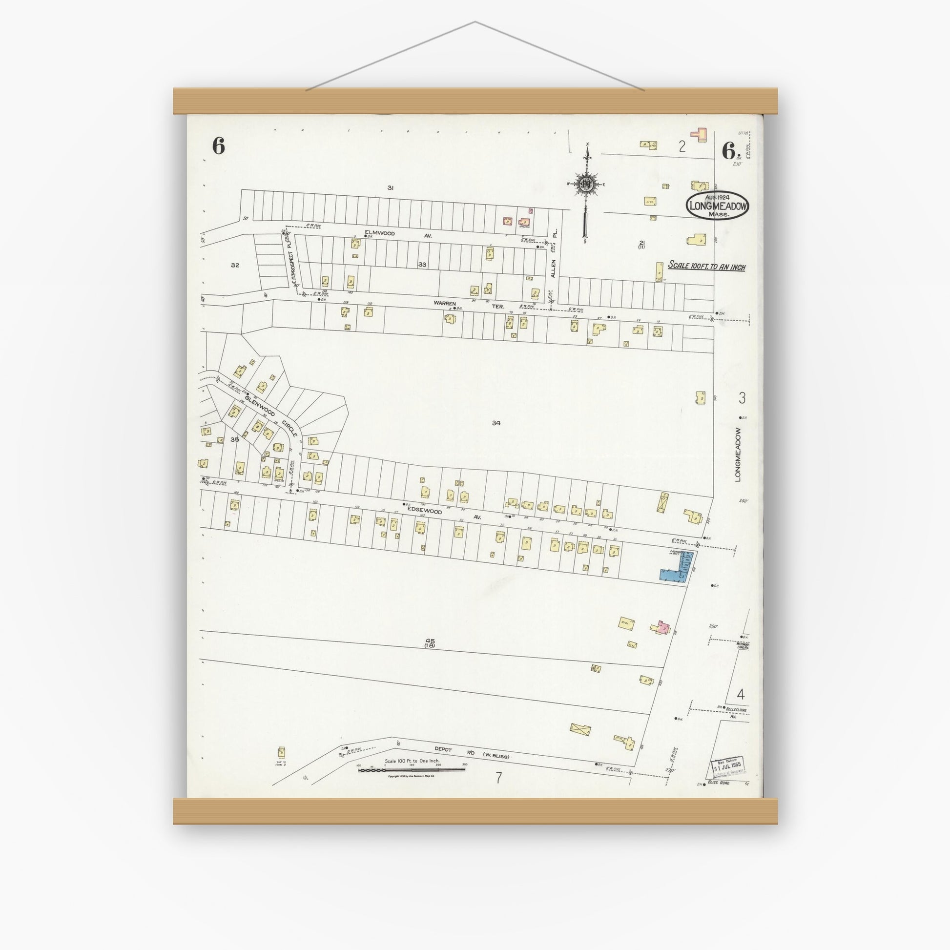 Old map wall art mockup — magnetic wood frame on white wall — Sanborn Fire Insurance Map from Longmeadow, Hampden County, Massachusetts (1924), Sheet #0006