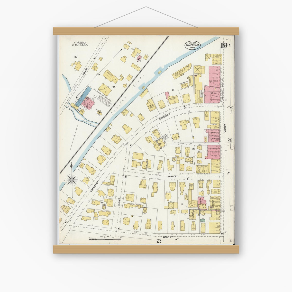 Old map wall art mockup — magnetic wood frame on white wall — Sanborn Fire Insurance Map from Waltham, Middlesex County, Massachusetts (1903), Sheet #0019