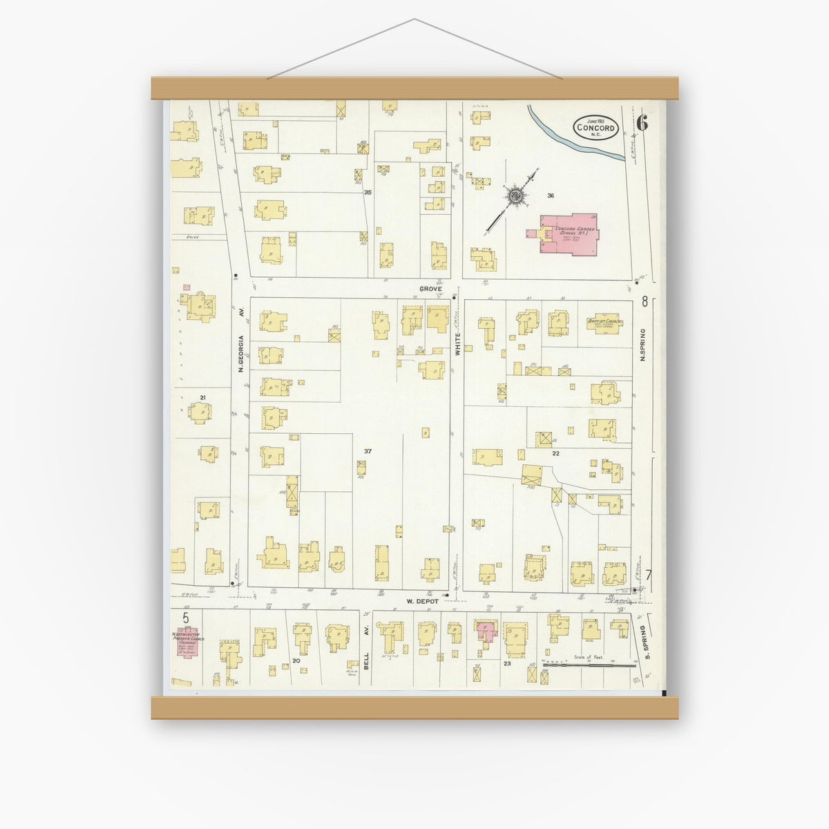 Old map wall art mockup — magnetic wood frame on white wall — Sanborn Fire Insurance Map from Concord, Cabarrus County, North Carolina (1911), Sheet #0006