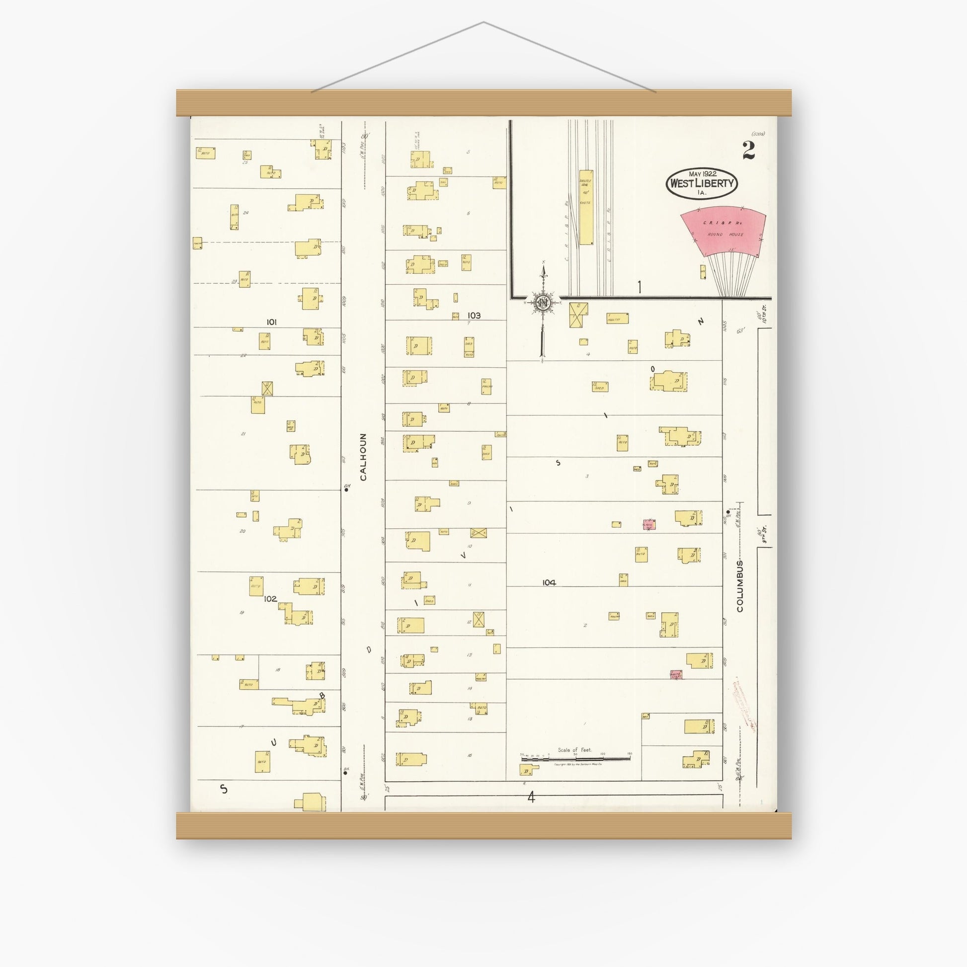 Old map wall art mockup — magnetic wood frame on white wall — Sanborn Fire Insurance Map from West Liberty, Muscatine County, Iowa (1922), Sheet #0002