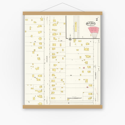 Old map wall art mockup — magnetic wood frame on white wall — Sanborn Fire Insurance Map from West Liberty, Muscatine County, Iowa (1922), Sheet #0002