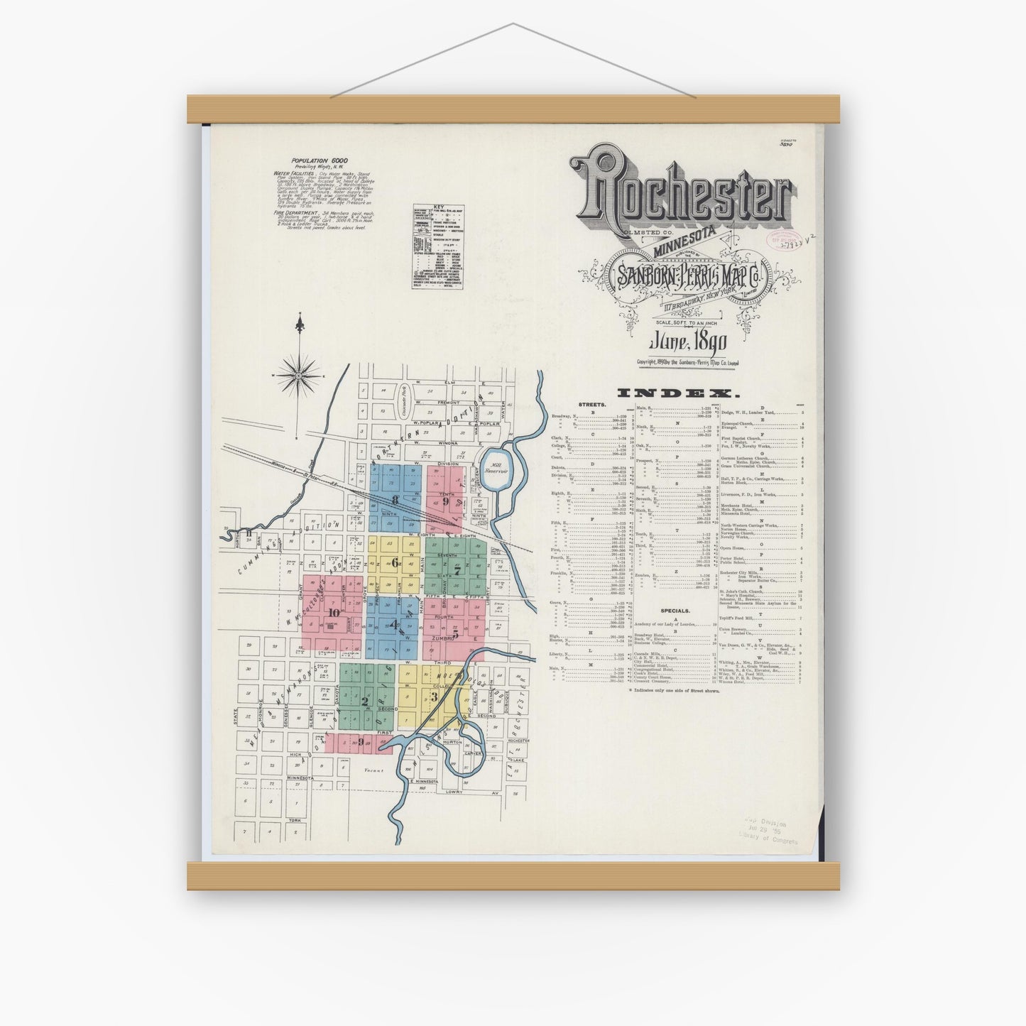 Old map wall art mockup — magnetic wood frame on white wall — Sanborn Fire Insurance Map from Rochester, Olmsted County, Minnesota (1890) - Complete Map Set