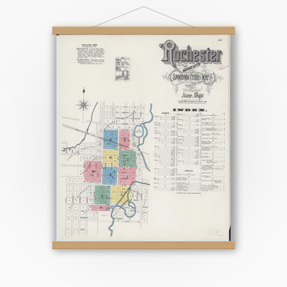 Old map wall art mockup — magnetic wood frame on white wall — Sanborn Fire Insurance Map from Rochester, Olmsted County, Minnesota (1890) - Complete Map Set