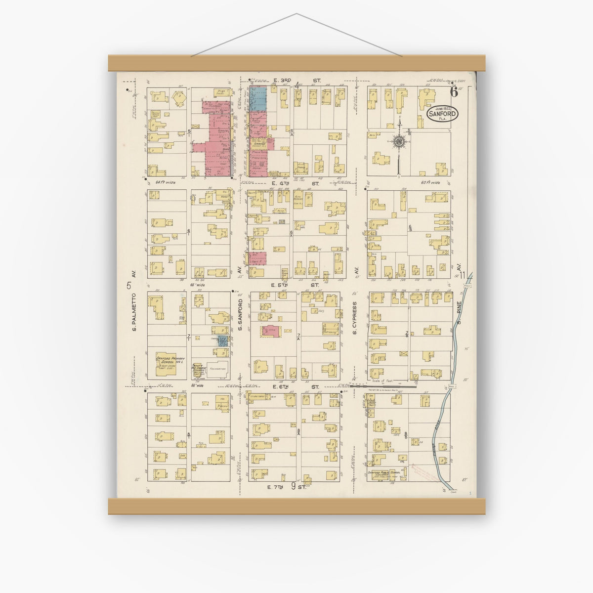 Old map wall art mockup — magnetic wood frame on white wall — Sanborn Fire Insurance Map from Sanford, Seminole County, Florida (1922), Sheet #0006