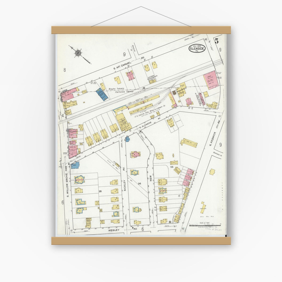 Old map wall art mockup — magnetic wood frame on white wall — Sanborn Fire Insurance Map from Glenside, Montgomery County, Pennsylvania (1920), Sheet #0005