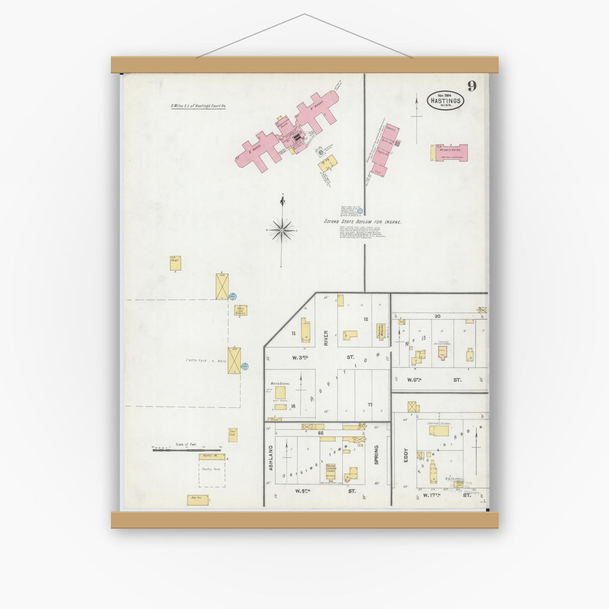 Old map wall art mockup — magnetic wood frame on white wall — Sanborn Fire Insurance Map from Hastings, Dakota County, Minnesota (1904), Sheet #0009