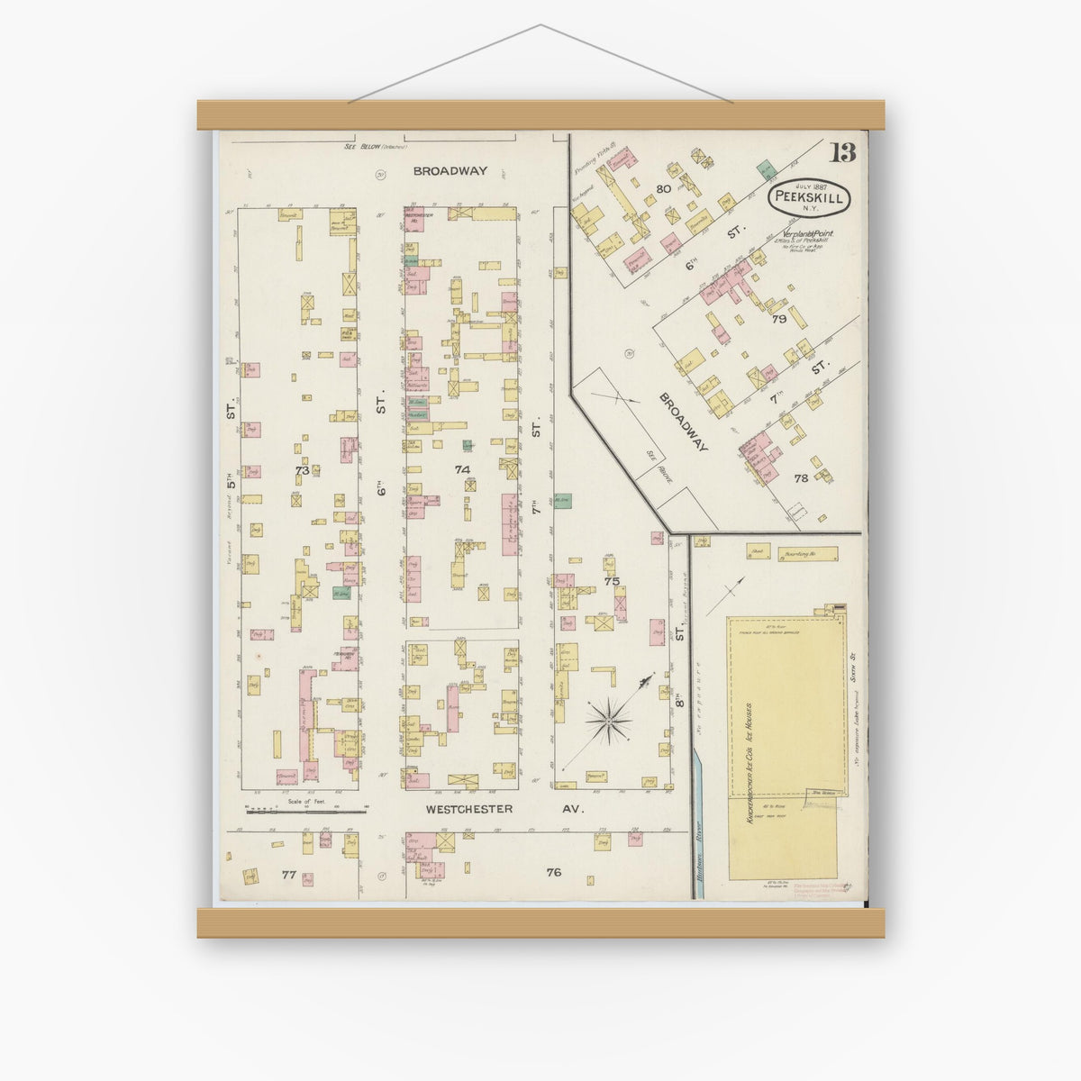 Old map wall art mockup — magnetic wood frame on white wall — Sanborn Fire Insurance Map from Peekskill, Westchester County, New York (1887), Sheet #0013