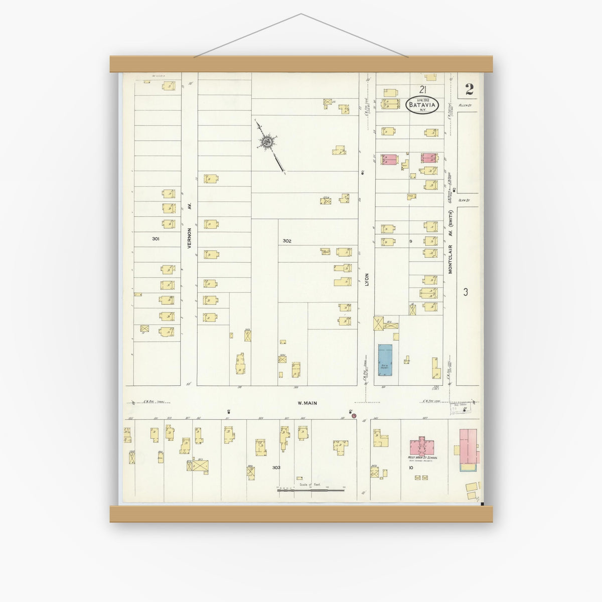 Old map wall art mockup — magnetic wood frame on white wall — Sanborn Fire Insurance Map from Batavia, Genesee County, New York (1912) - Complete Map Set