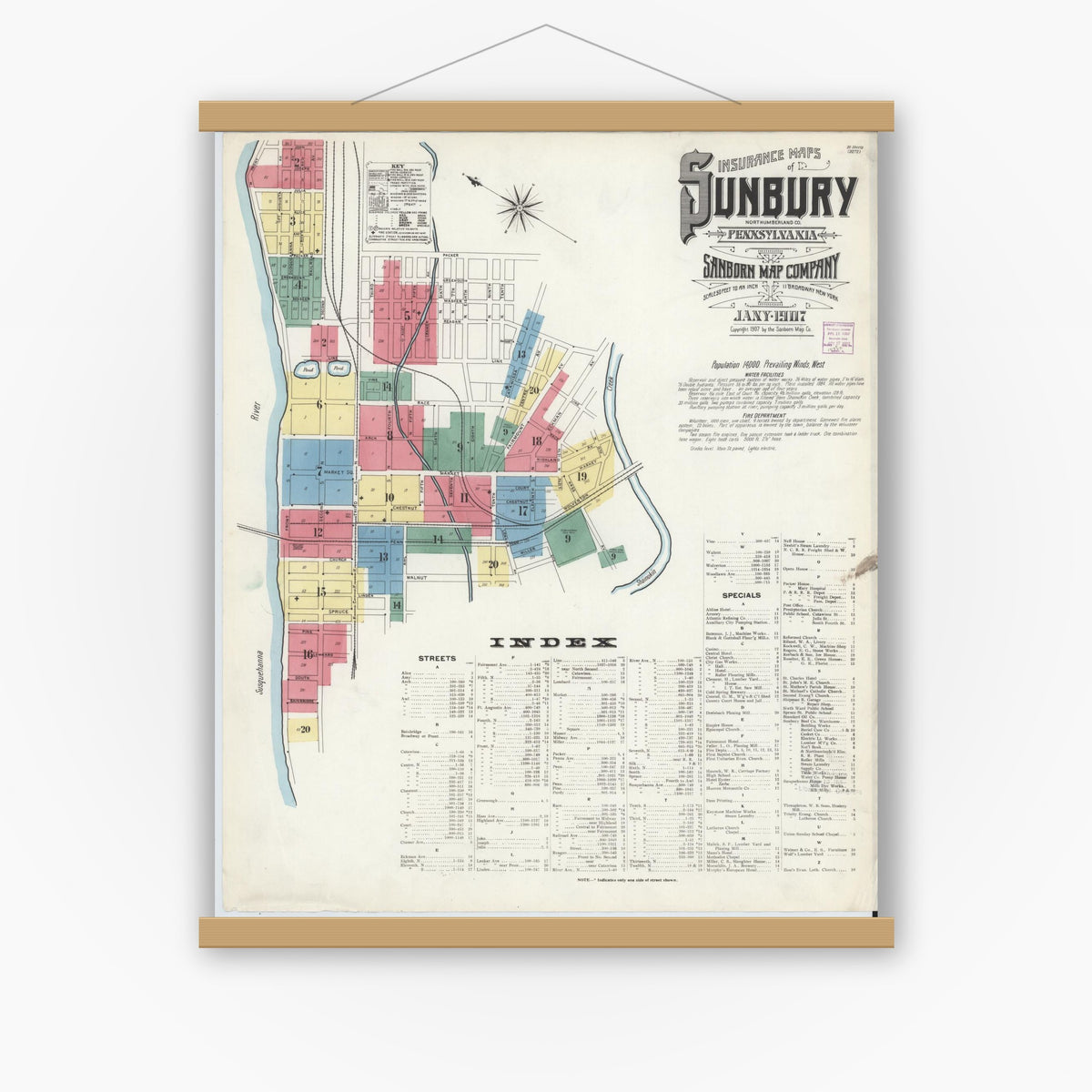 Old map wall art mockup — magnetic wood frame on white wall — Sanborn Fire Insurance Map from Sunbury, Northumberland County, Pennsylvania (1907) - Complete Map Set